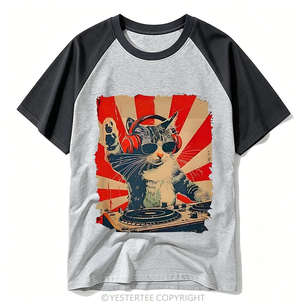 Sunburst DJ Cat Headphones Sunglasses Retro Print Baseball T-shirt