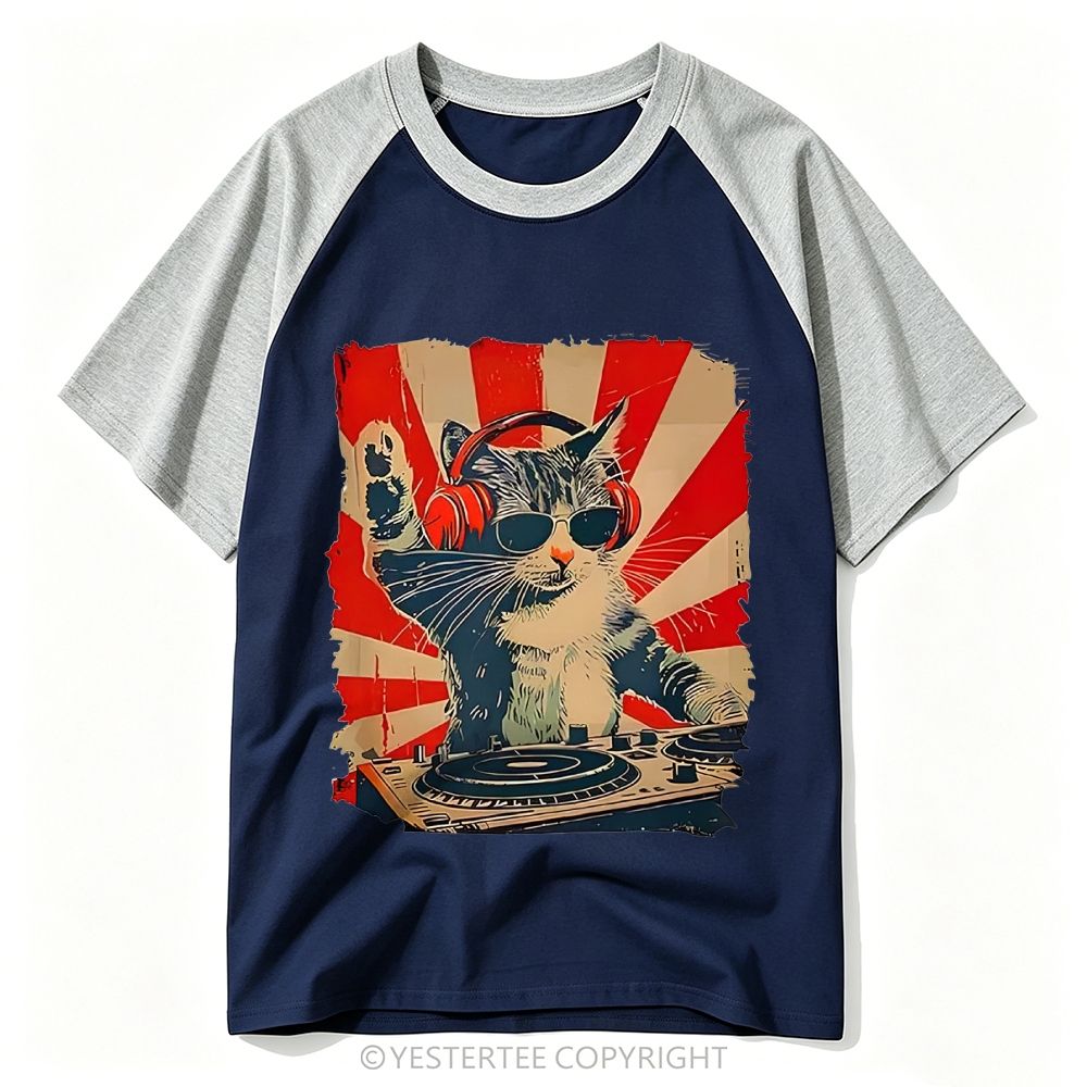Sunburst DJ Cat Headphones Sunglasses Retro Print Baseball T-shirt