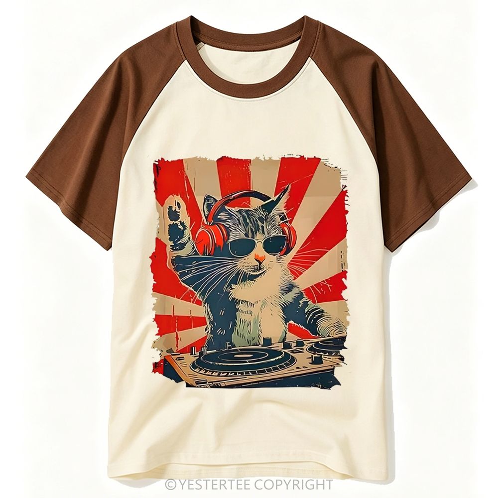 Sunburst DJ Cat Headphones Sunglasses Retro Print Baseball T-shirt