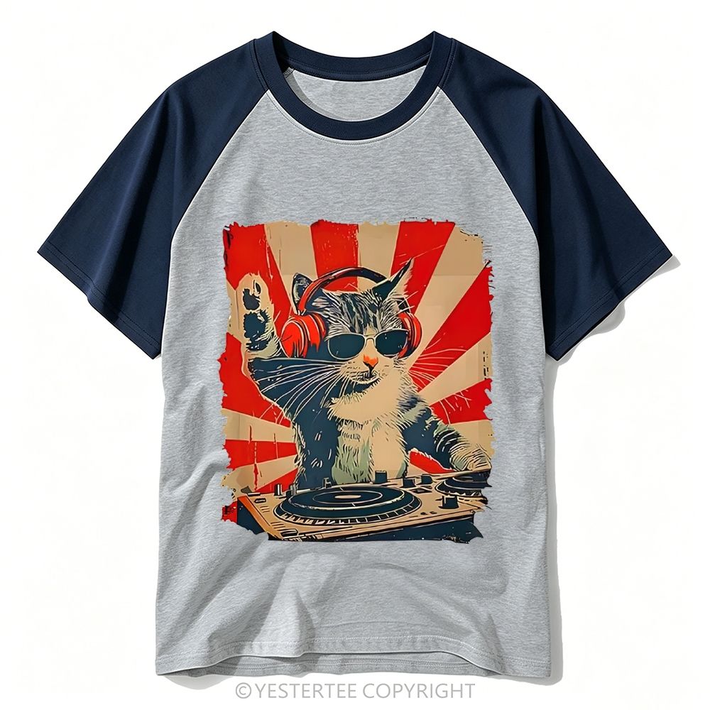Sunburst DJ Cat Headphones Sunglasses Retro Print Baseball T-shirt