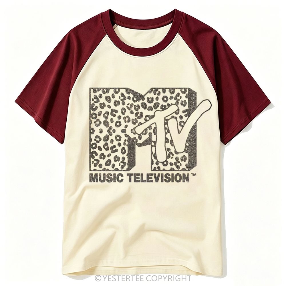 Leopard Print Retro Music Channel Logo Baseball T-shirt 