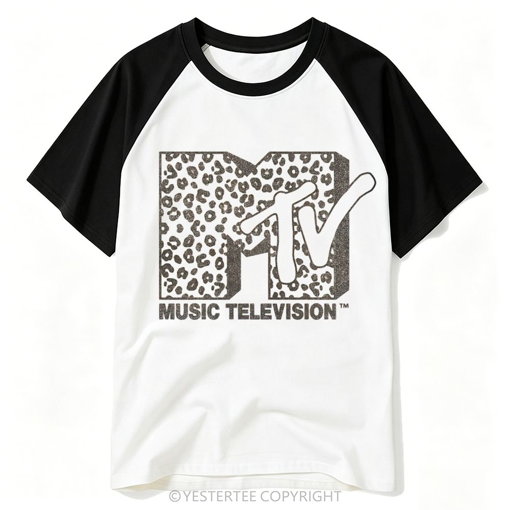 Leopard Print Retro Music Channel Logo Baseball T-shirt 