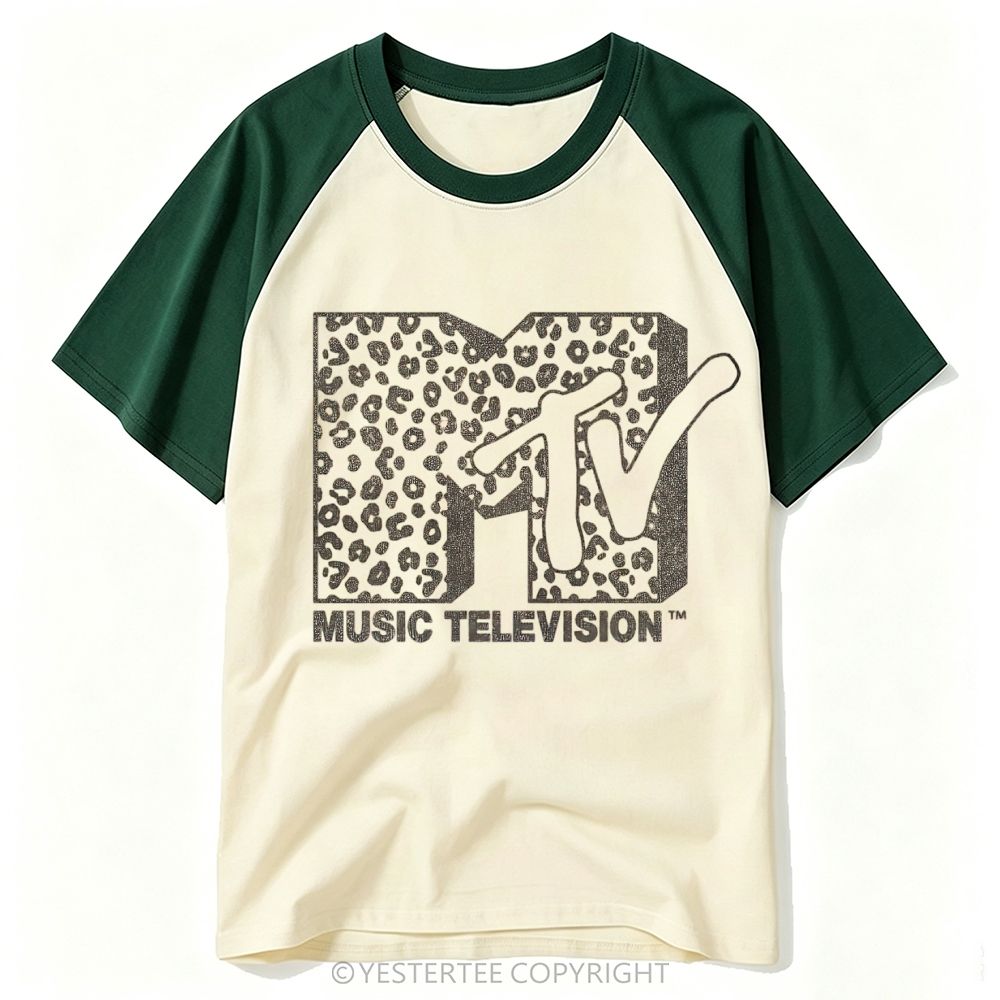 Leopard Print Retro Music Channel Logo Baseball T-shirt 