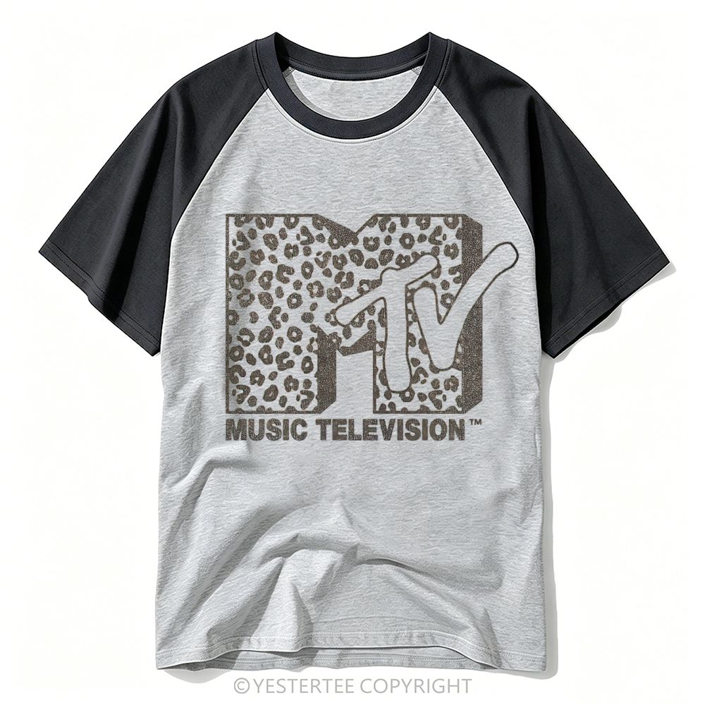 Leopard Print Retro Music Channel Logo Baseball T-shirt 