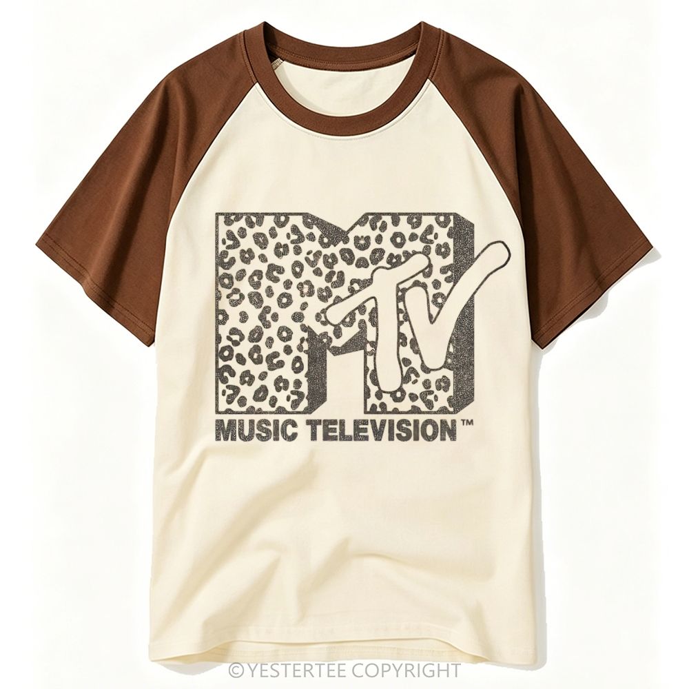 Leopard Print Retro Music Channel Logo Baseball T-shirt 