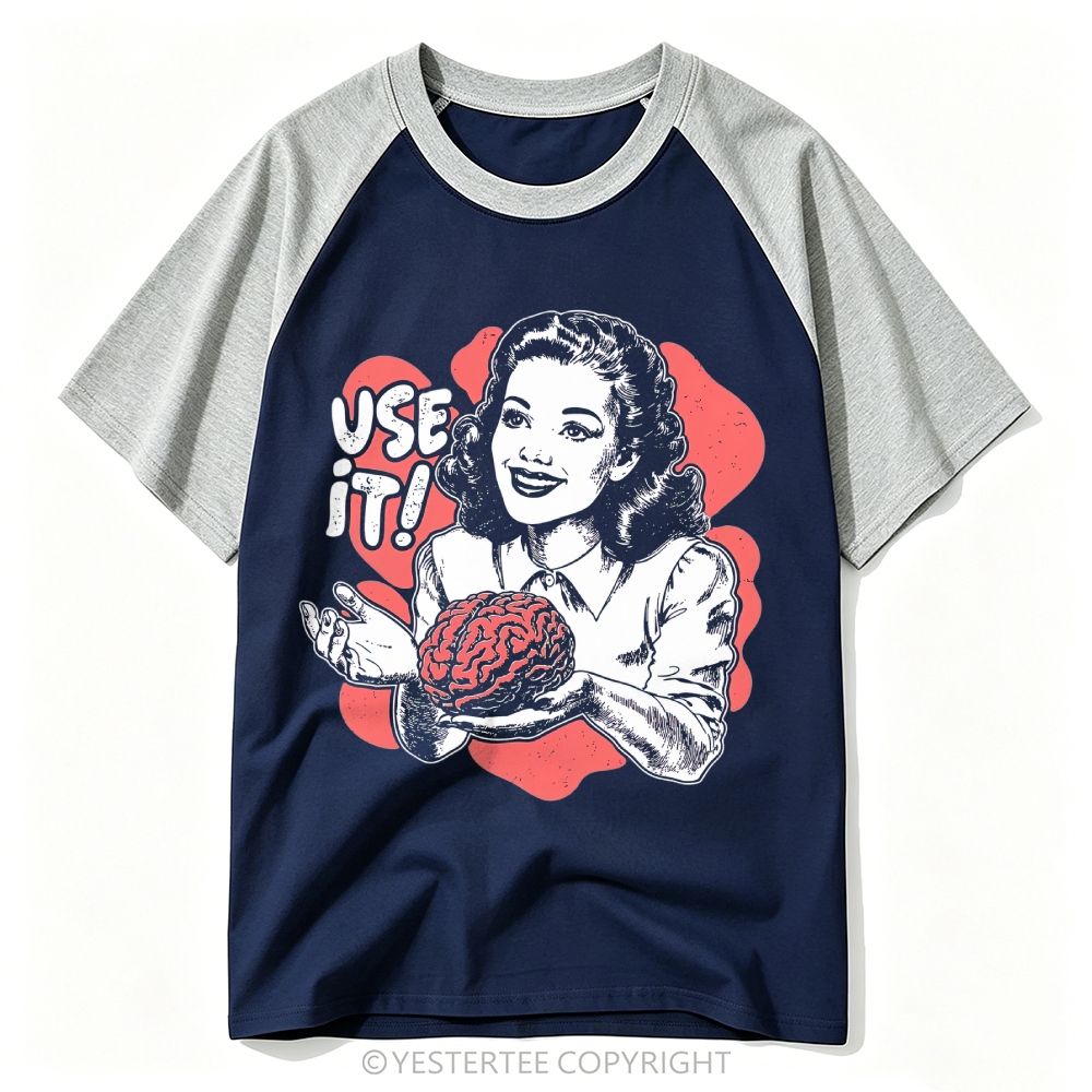 Mid-Century Pin-Up Lady Holding Human Brain Sassy Slogan Baseball T-shirt