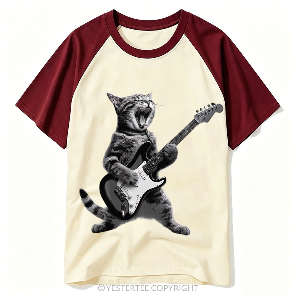 Monochrome Rock Singing Cat Playing Electric Guitar Baseball T-shirt 