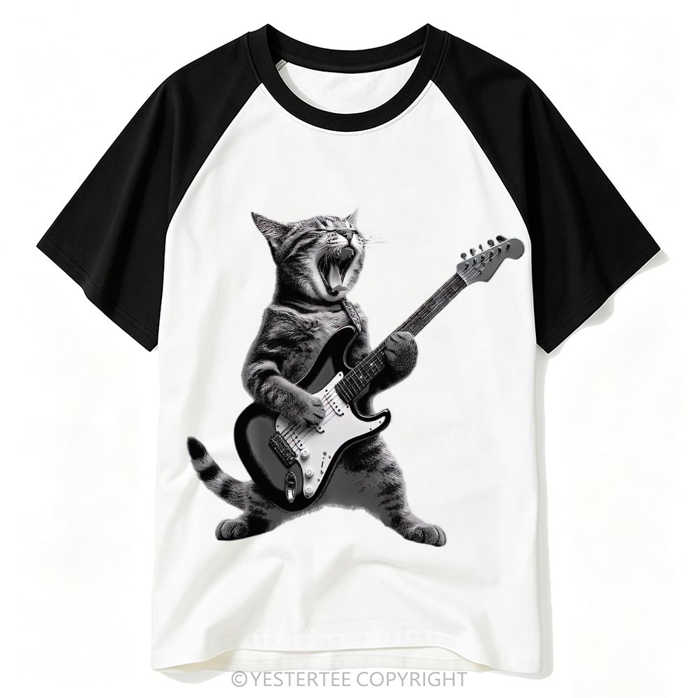 Monochrome Rock Singing Cat Playing Electric Guitar Baseball T-shirt 