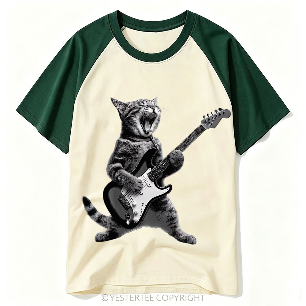 Monochrome Rock Singing Cat Playing Electric Guitar Baseball T-shirt 