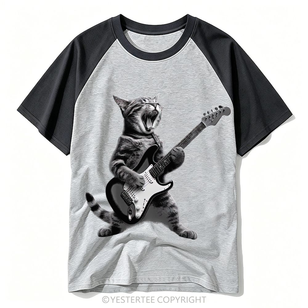 Monochrome Rock Singing Cat Playing Electric Guitar Baseball T-shirt 