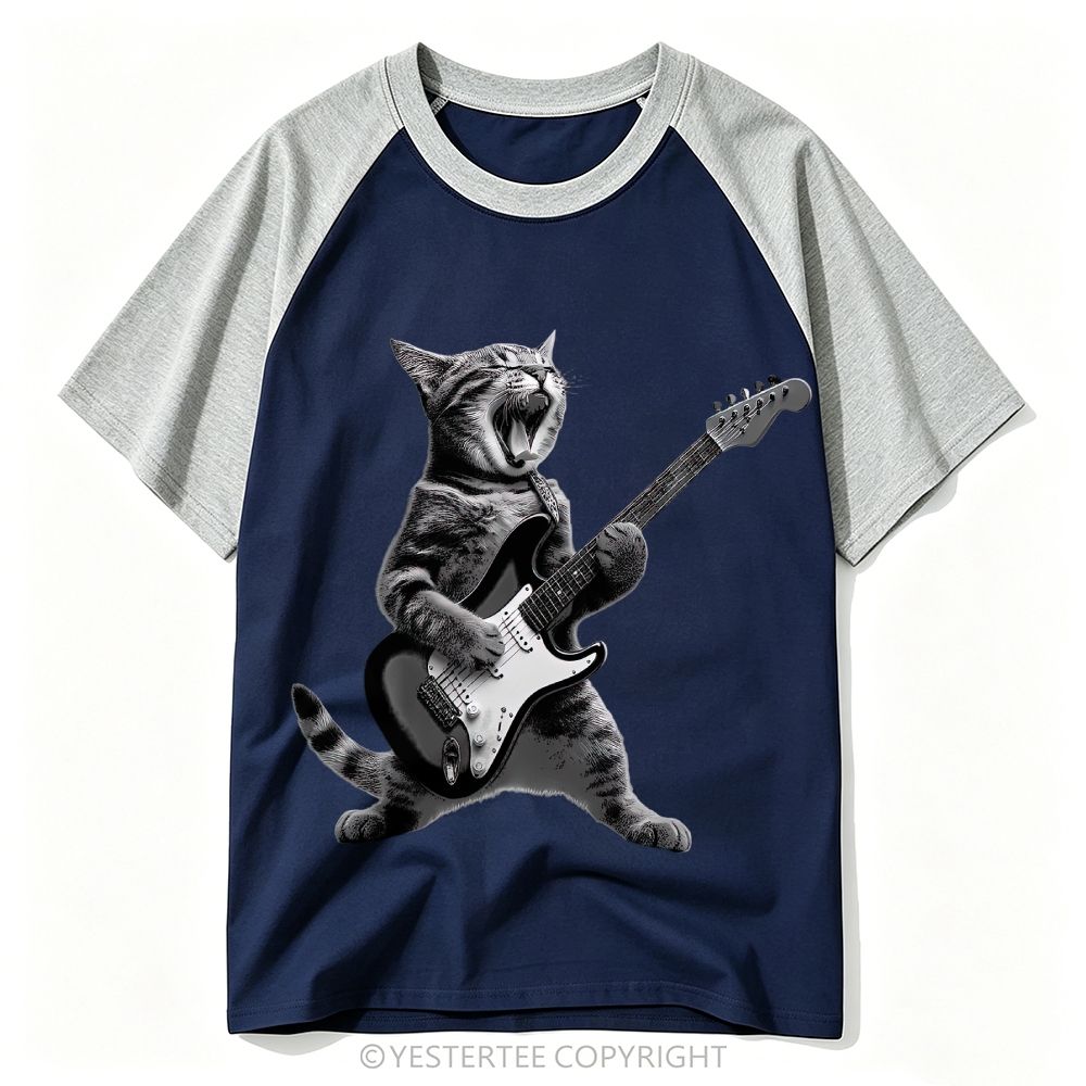 Monochrome Rock Singing Cat Playing Electric Guitar Baseball T-shirt 