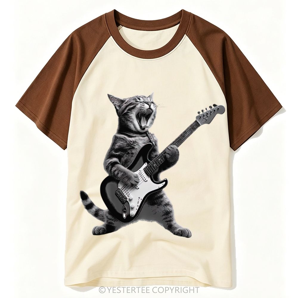 Monochrome Rock Singing Cat Playing Electric Guitar Baseball T-shirt 