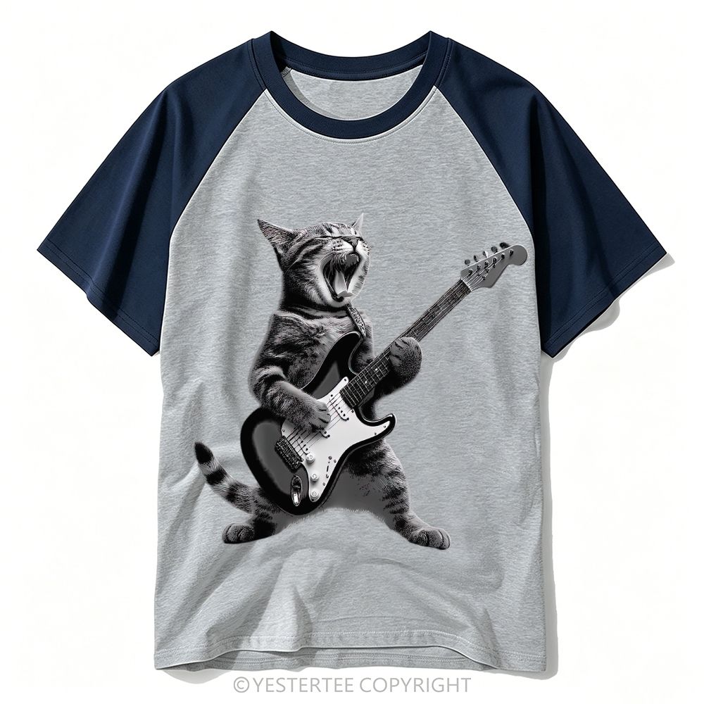 Monochrome Rock Singing Cat Playing Electric Guitar Baseball T-shirt 