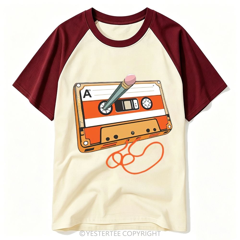 Retro Nostalgic Pencil Rewind Cassette Tape Cartoon Baseball T-shirt 