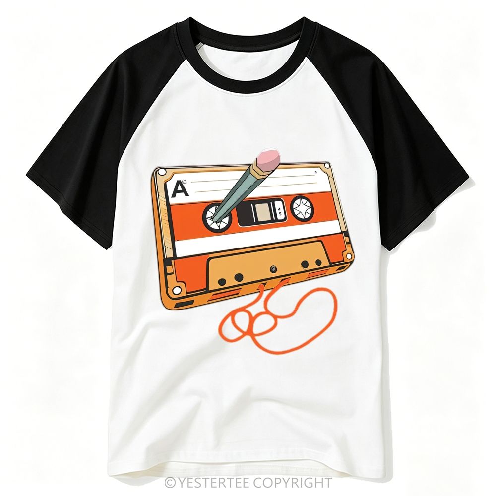 Retro Nostalgic Pencil Rewind Cassette Tape Cartoon Baseball T-shirt 