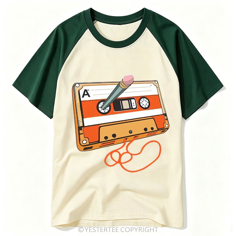 Retro Nostalgic Pencil Rewind Cassette Tape Cartoon Baseball T-shirt 