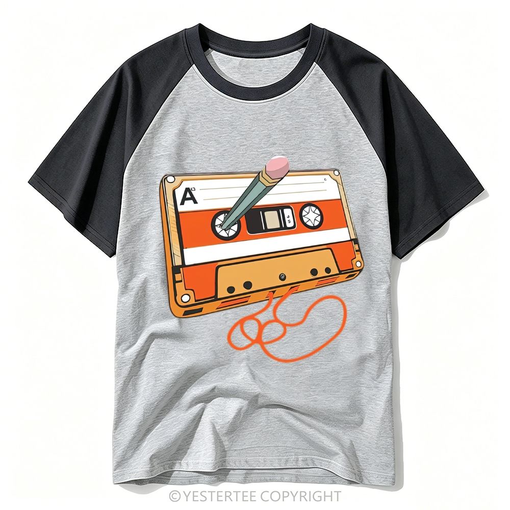 Retro Nostalgic Pencil Rewind Cassette Tape Cartoon Baseball T-shirt 