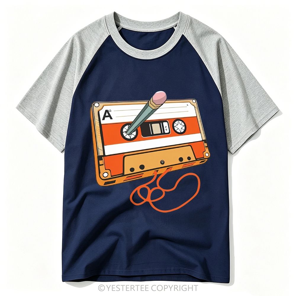 Retro Nostalgic Pencil Rewind Cassette Tape Cartoon Baseball T-shirt 