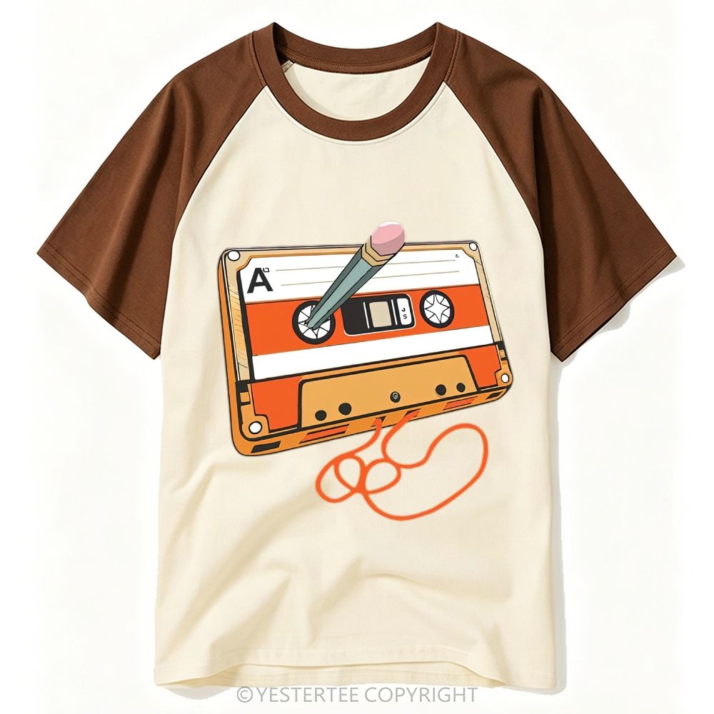 Retro Nostalgic Pencil Rewind Cassette Tape Cartoon Baseball T-shirt 
