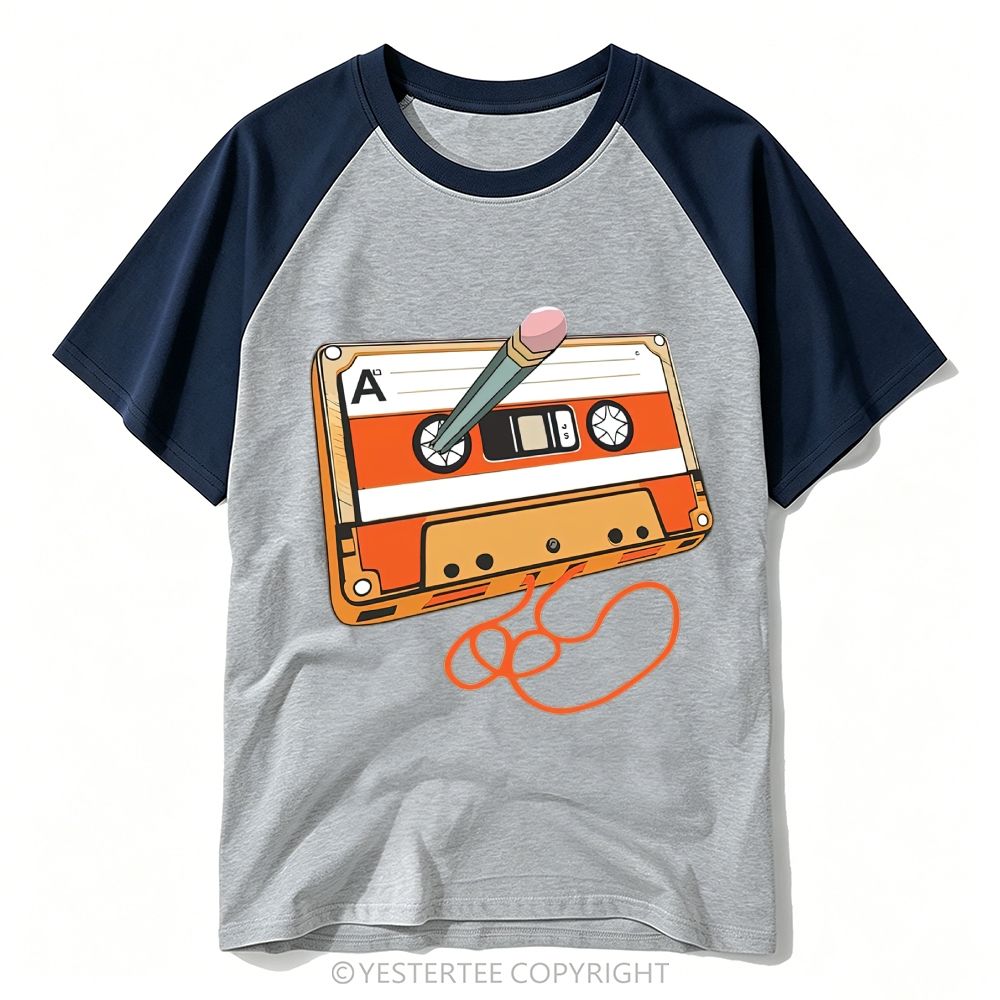 Retro Nostalgic Pencil Rewind Cassette Tape Cartoon Baseball T-shirt 