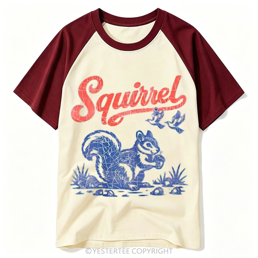 Cracked Vintage American Forest Squirrel Bird Graphic Baseball T-shirt