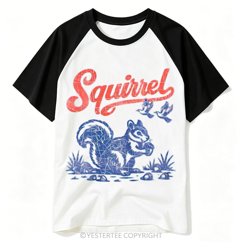 Cracked Vintage American Forest Squirrel Bird Graphic Baseball T-shirt
