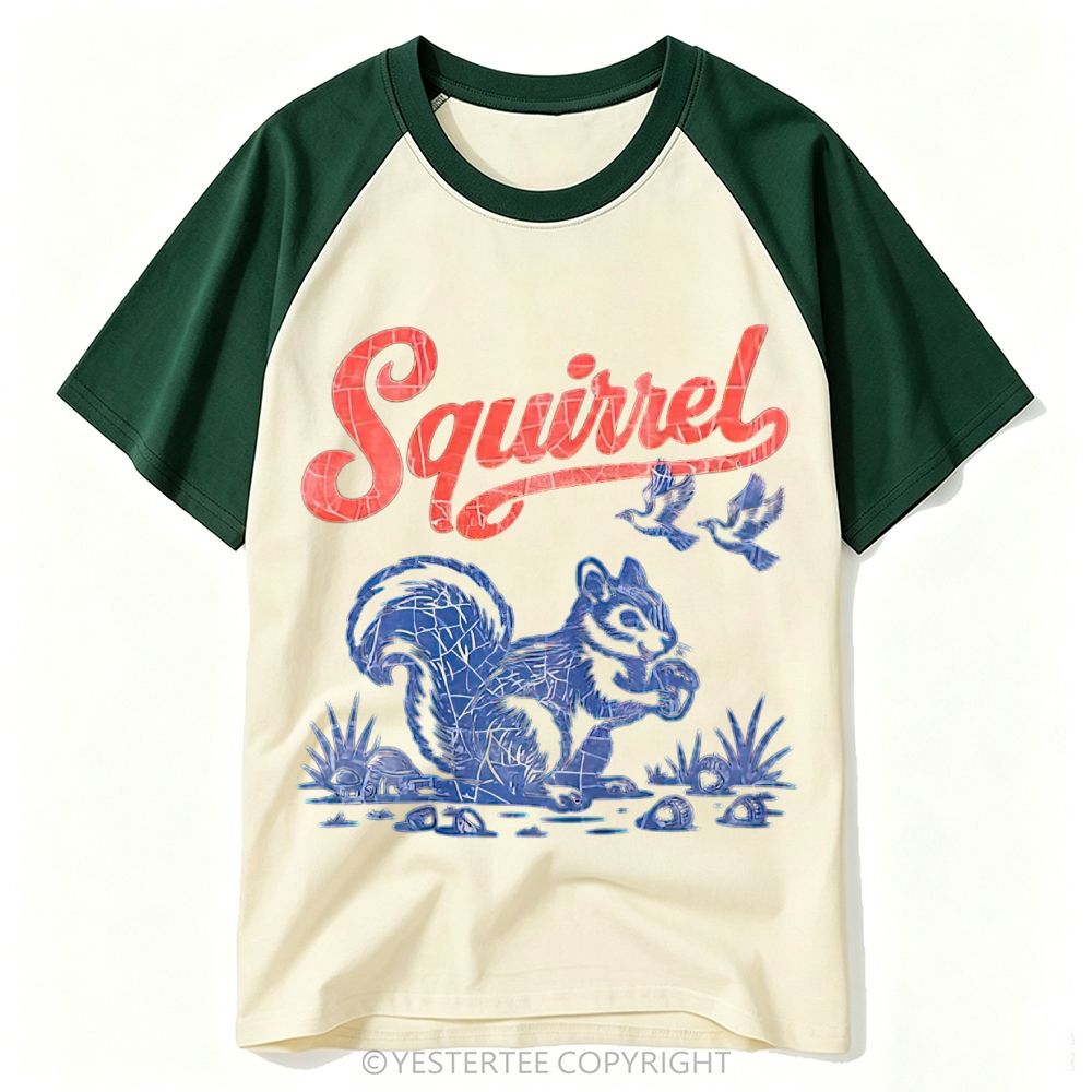 Cracked Vintage American Forest Squirrel Bird Graphic Baseball T-shirt
