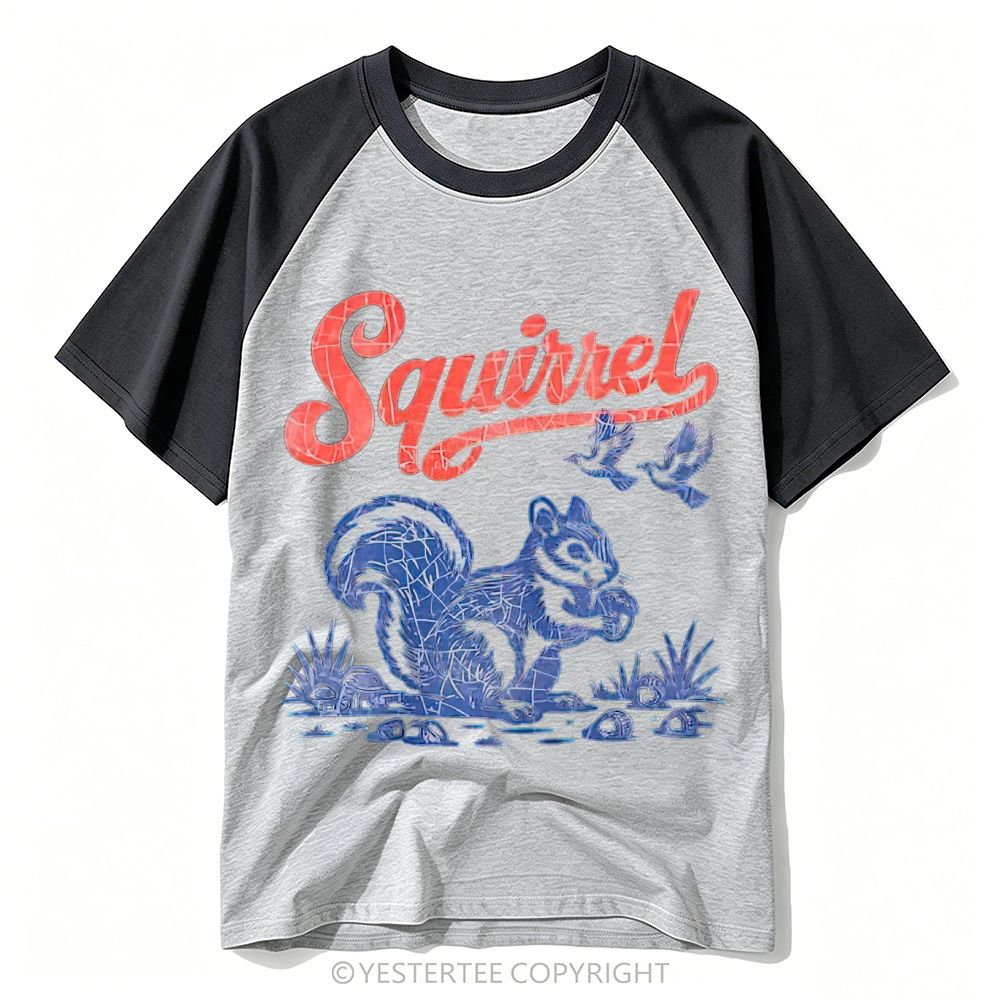 Cracked Vintage American Forest Squirrel Bird Graphic Baseball T-shirt
