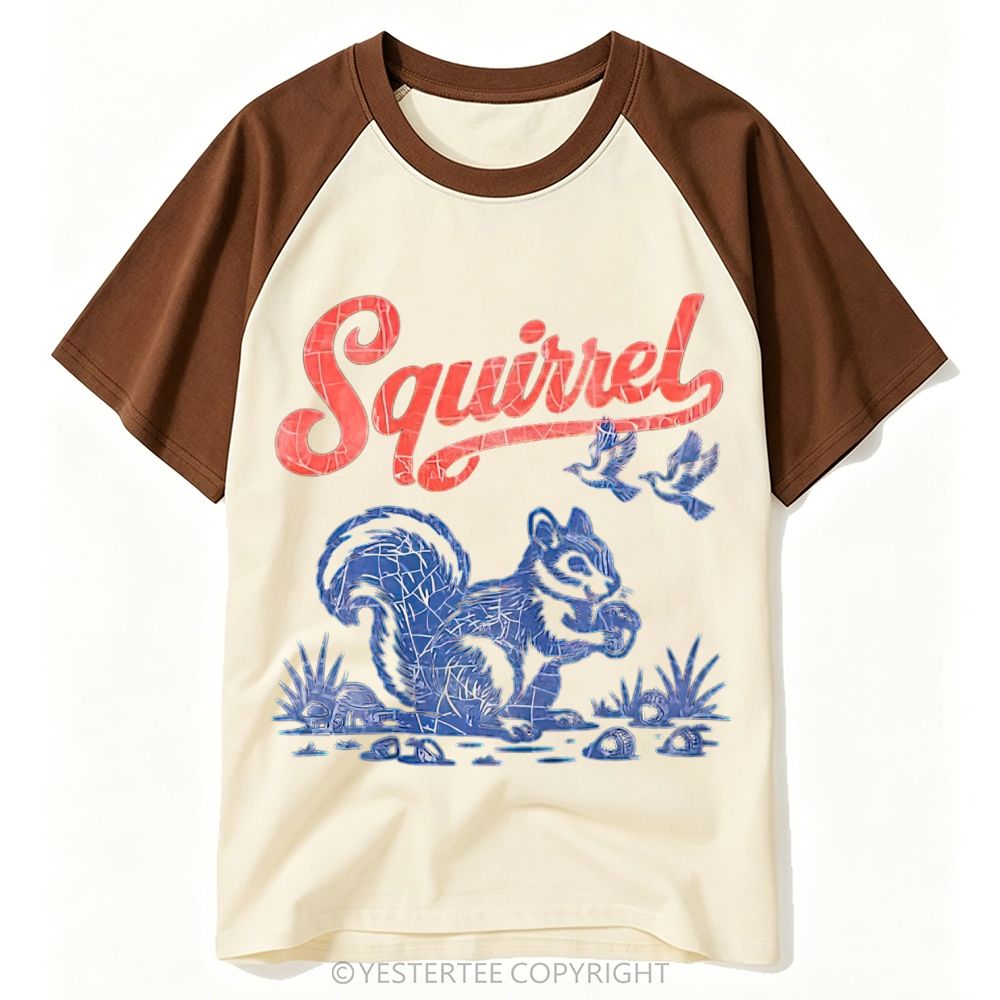 Cracked Vintage American Forest Squirrel Bird Graphic Baseball T-shirt