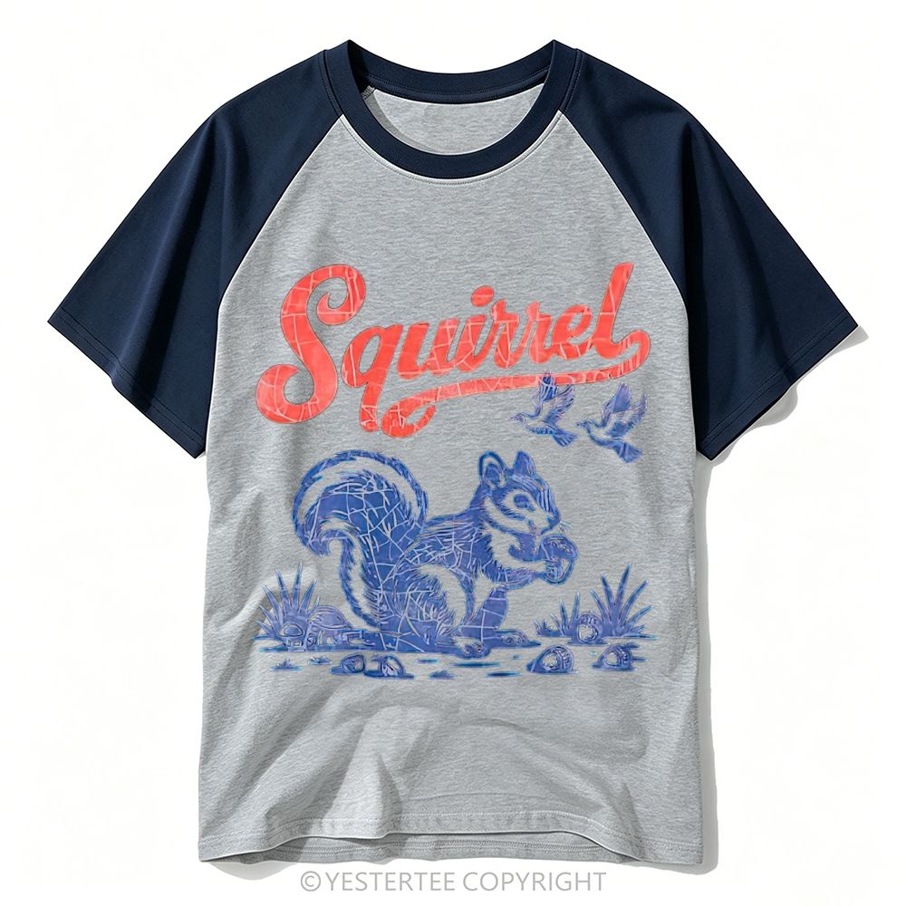Cracked Vintage American Forest Squirrel Bird Graphic Baseball T-shirt