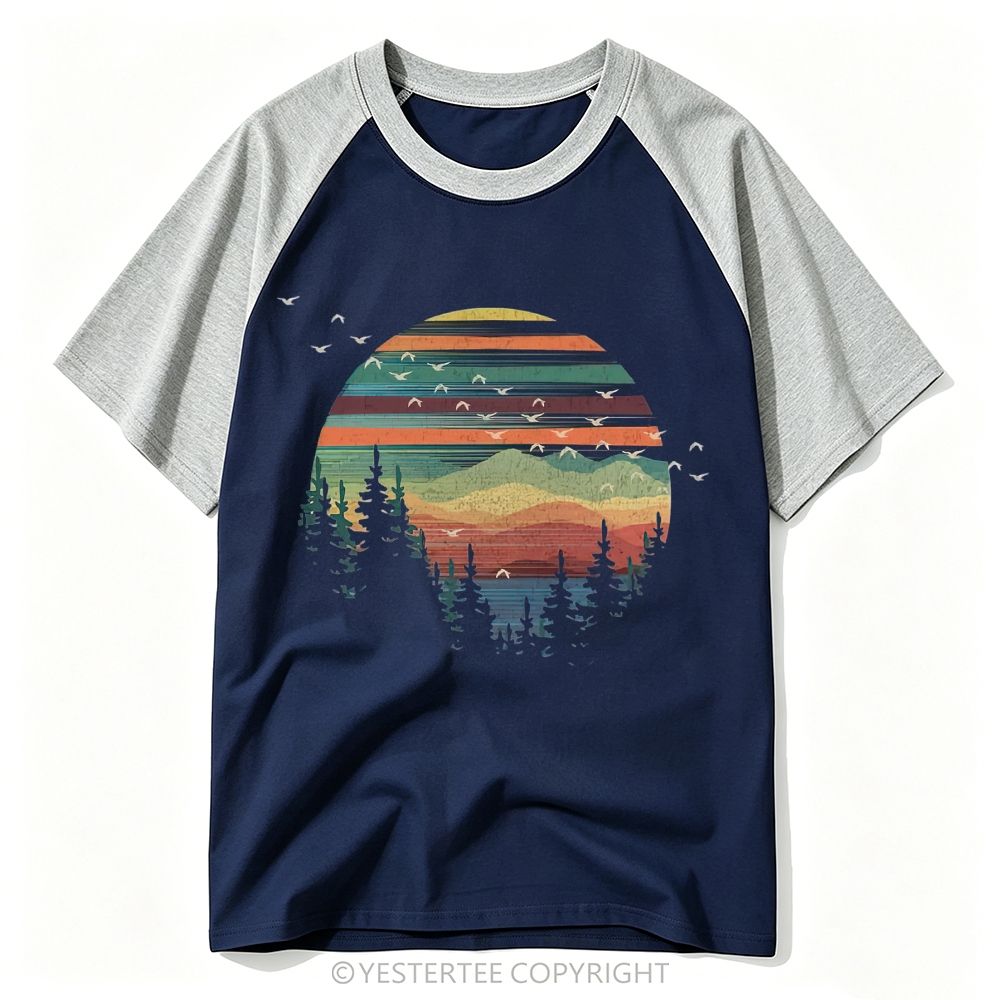 Retro Rainbow Stripe Mountain Forest Sunset Bird Landscape Baseball T-shirt