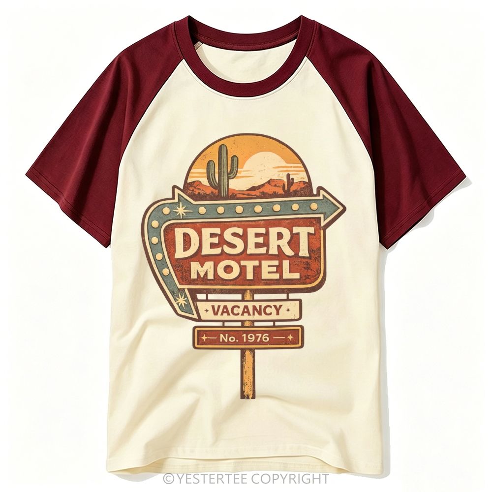 Route 66 Desert Motel Neon Roadside Sign Graphic Baseball T-shirt