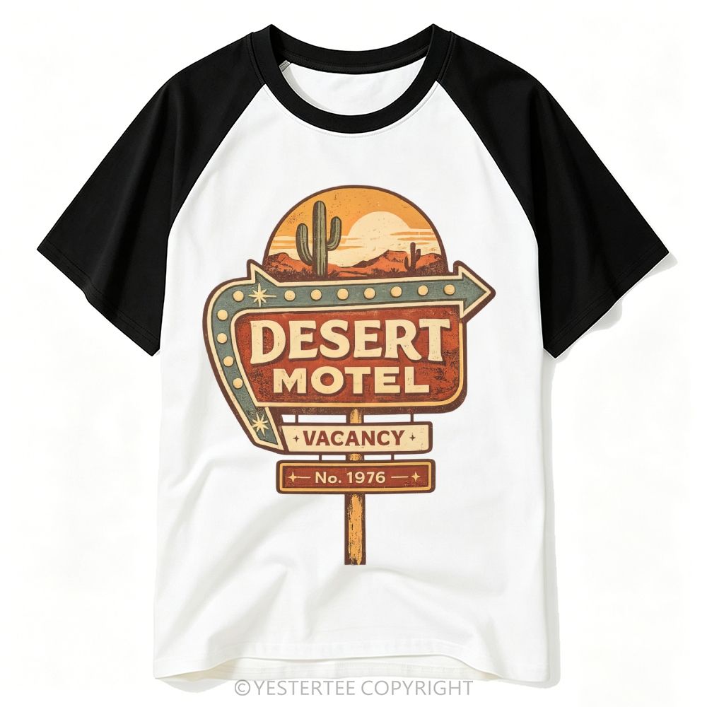 Route 66 Desert Motel Neon Roadside Sign Graphic Baseball T-shirt
