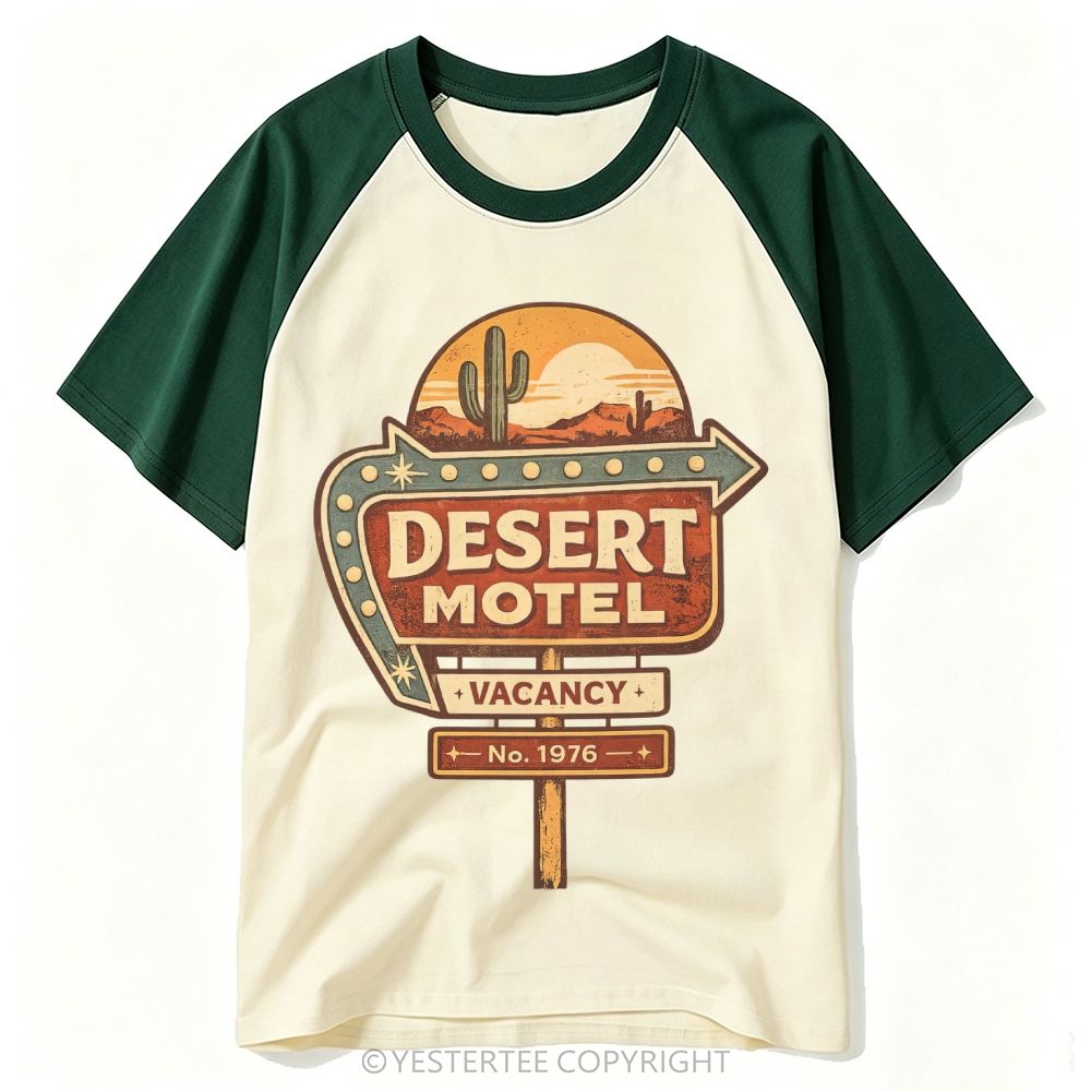 Route 66 Desert Motel Neon Roadside Sign Graphic Baseball T-shirt