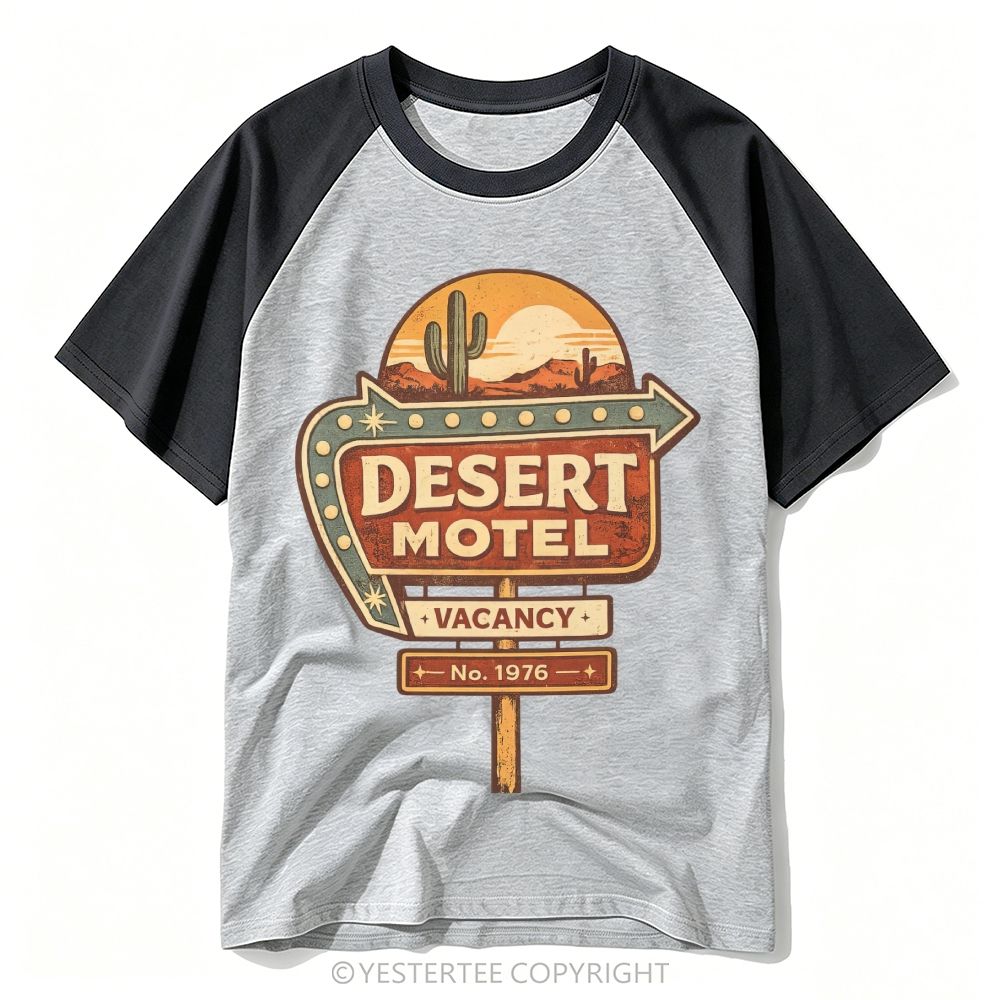 Route 66 Desert Motel Neon Roadside Sign Graphic Baseball T-shirt
