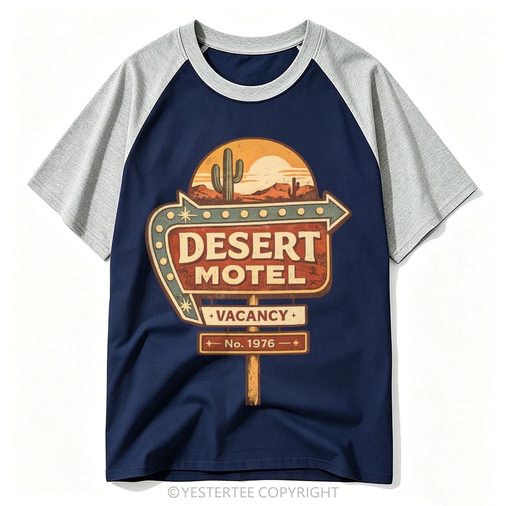 Route 66 Desert Motel Neon Roadside Sign Graphic Baseball T-shirt