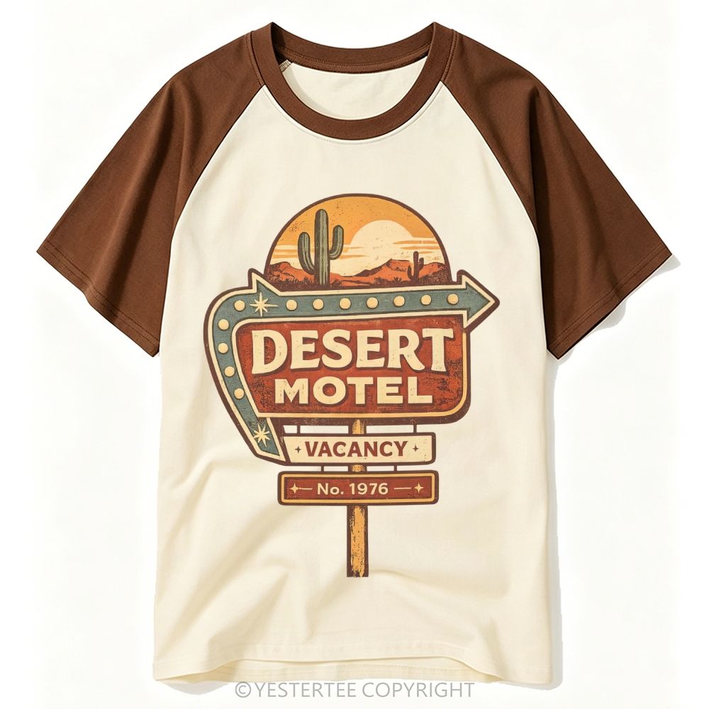 Route 66 Desert Motel Neon Roadside Sign Graphic Baseball T-shirt