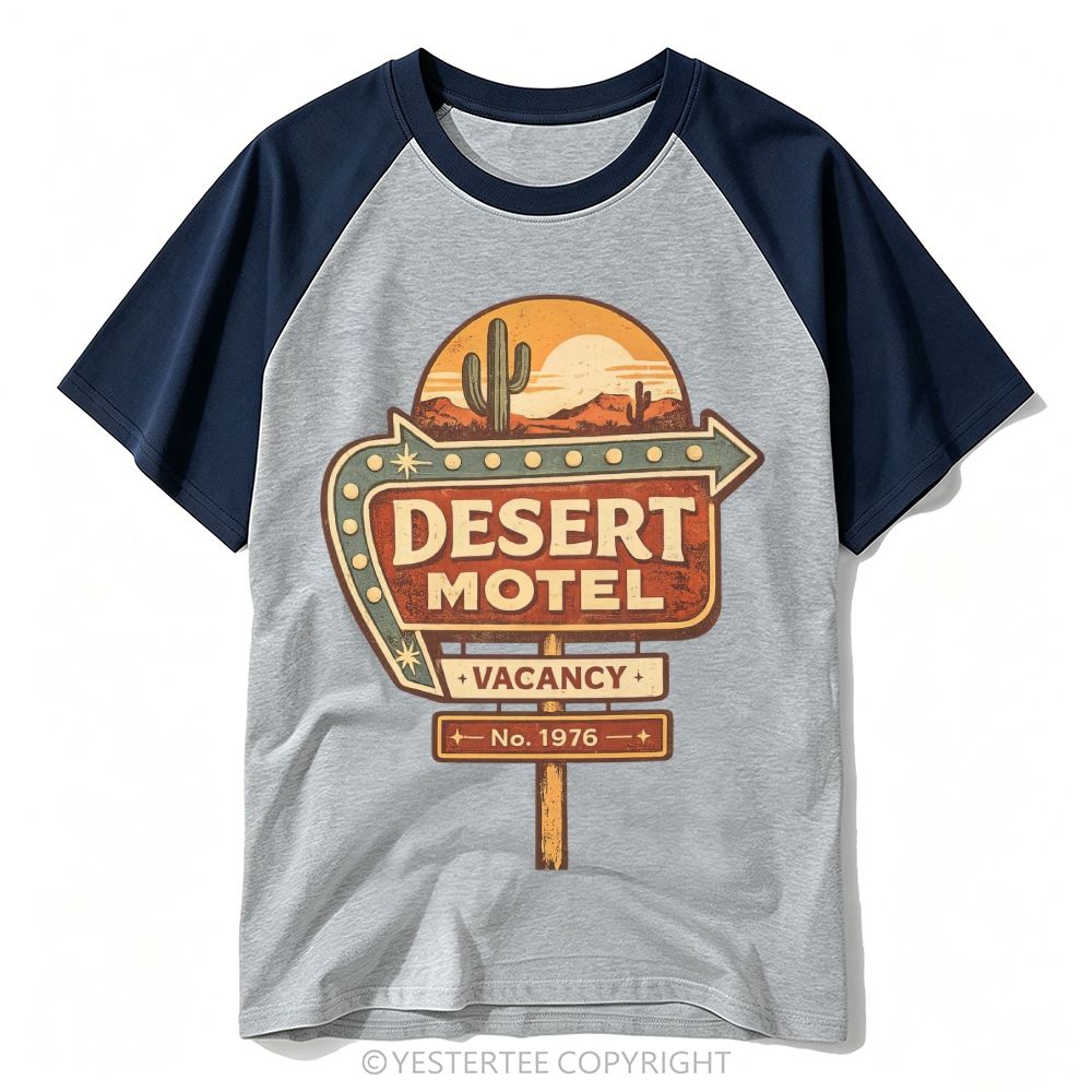 Route 66 Desert Motel Neon Roadside Sign Graphic Baseball T-shirt