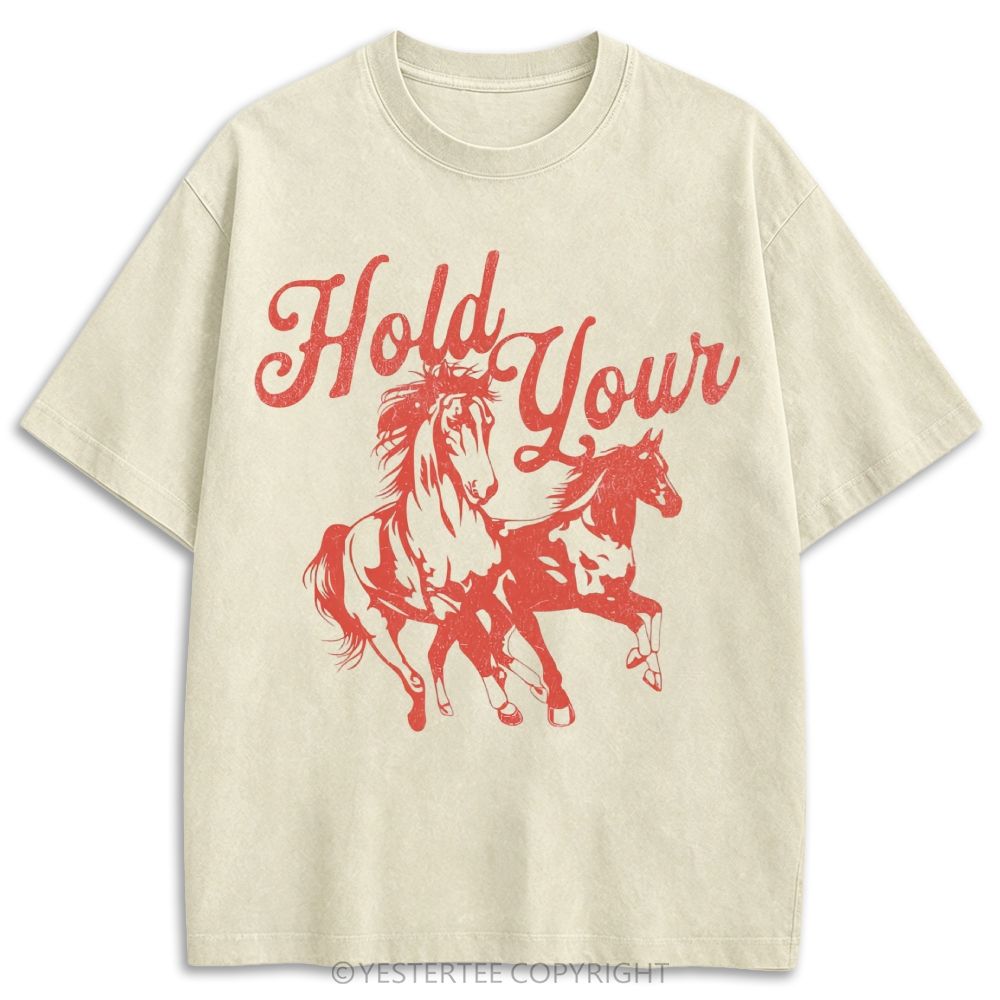 Single Line Galloping Two Horses Western Cursive Retro Washed T-shirt