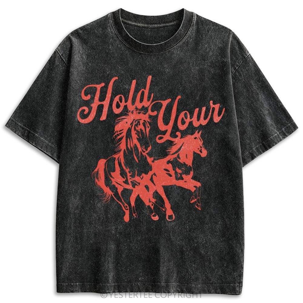 Single Line Galloping Two Horses Western Cursive Retro Washed T-shirt