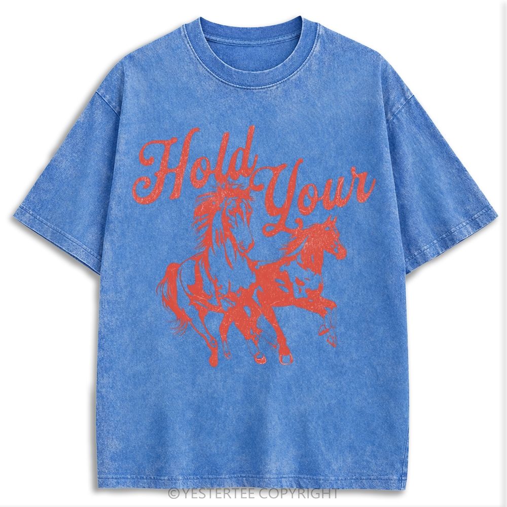 Single Line Galloping Two Horses Western Cursive Retro Washed T-shirt