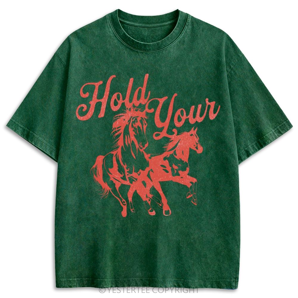 Single Line Galloping Two Horses Western Cursive Retro Washed T-shirt