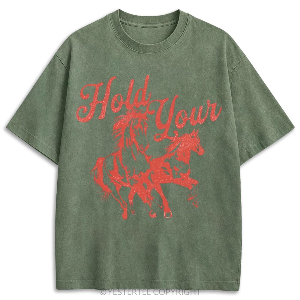 Single Line Galloping Two Horses Western Cursive Retro Washed T-shirt