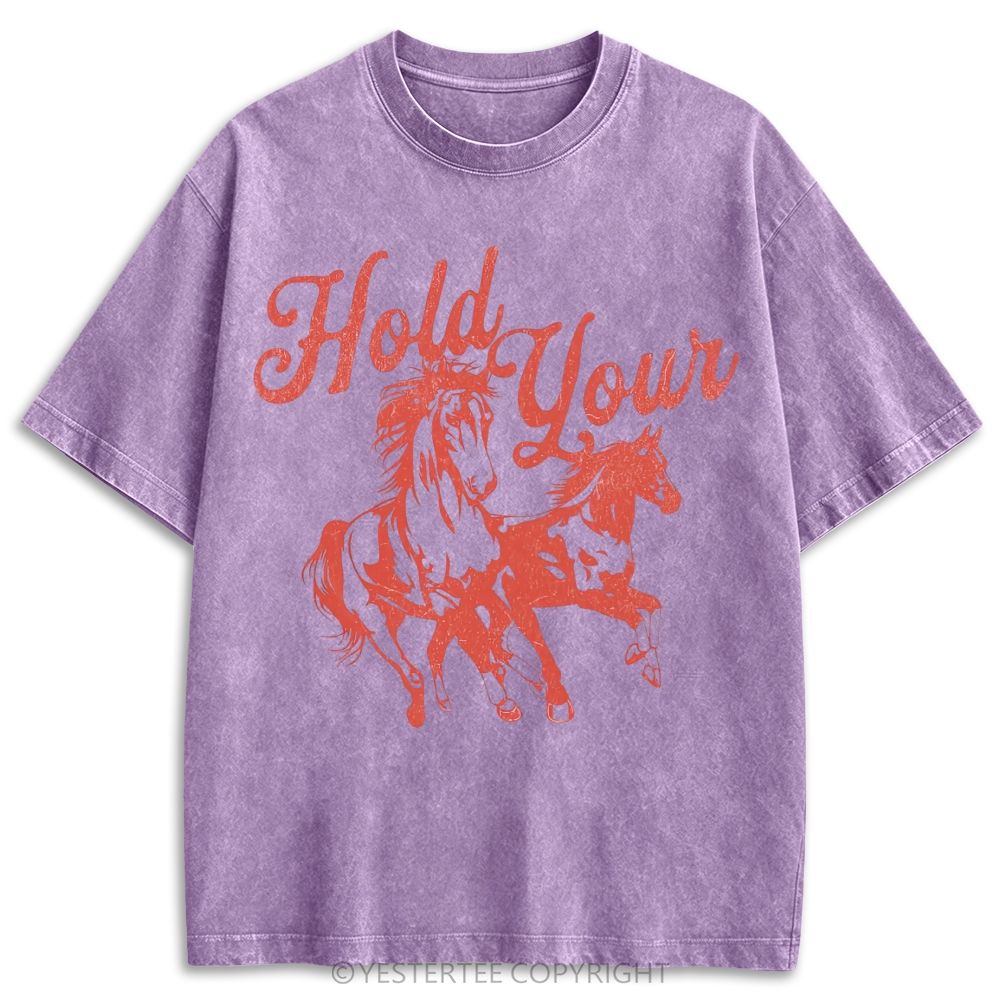 Single Line Galloping Two Horses Western Cursive Retro Washed T-shirt
