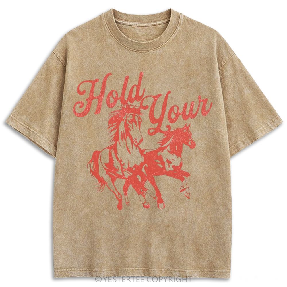 Single Line Galloping Two Horses Western Cursive Retro Washed T-shirt