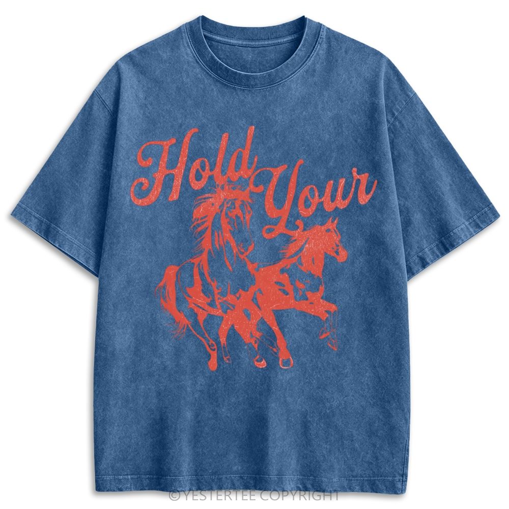 Single Line Galloping Two Horses Western Cursive Retro Washed T-shirt