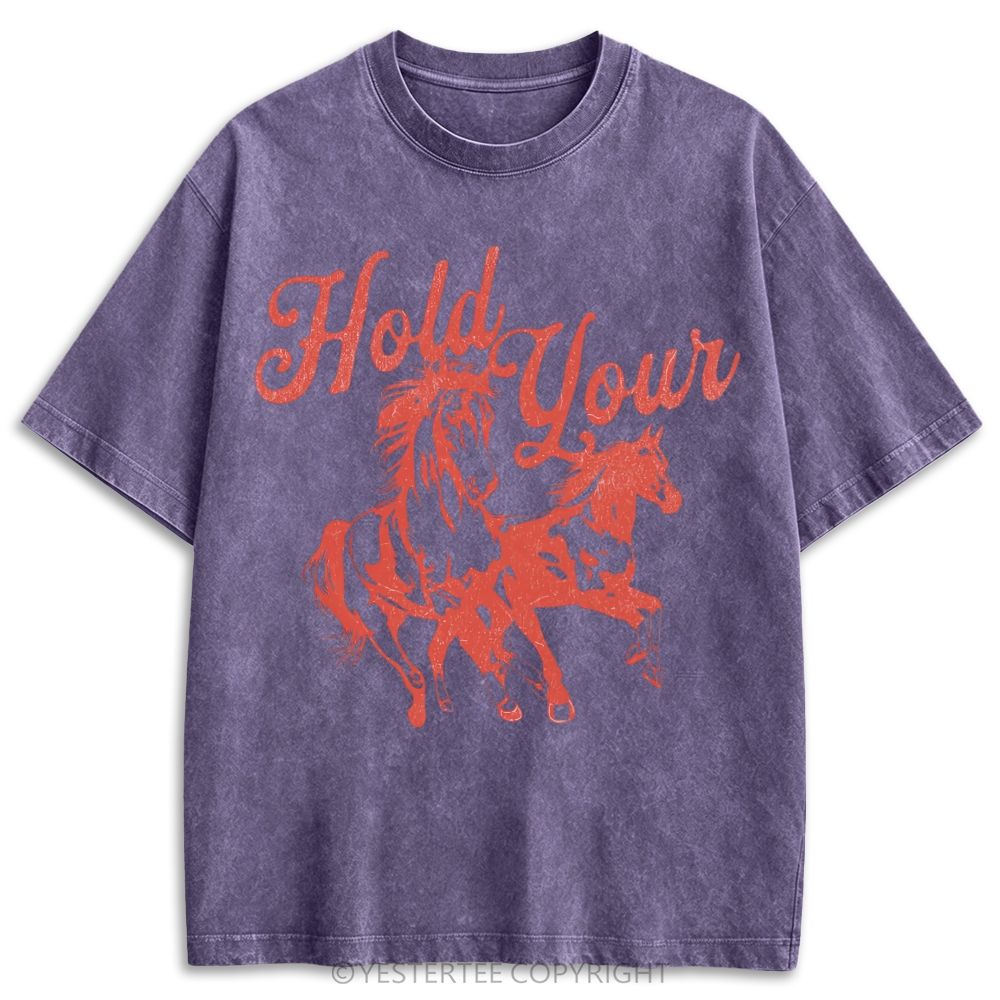 Single Line Galloping Two Horses Western Cursive Retro Washed T-shirt