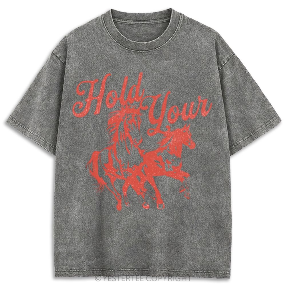 Single Line Galloping Two Horses Western Cursive Retro Washed T-shirt
