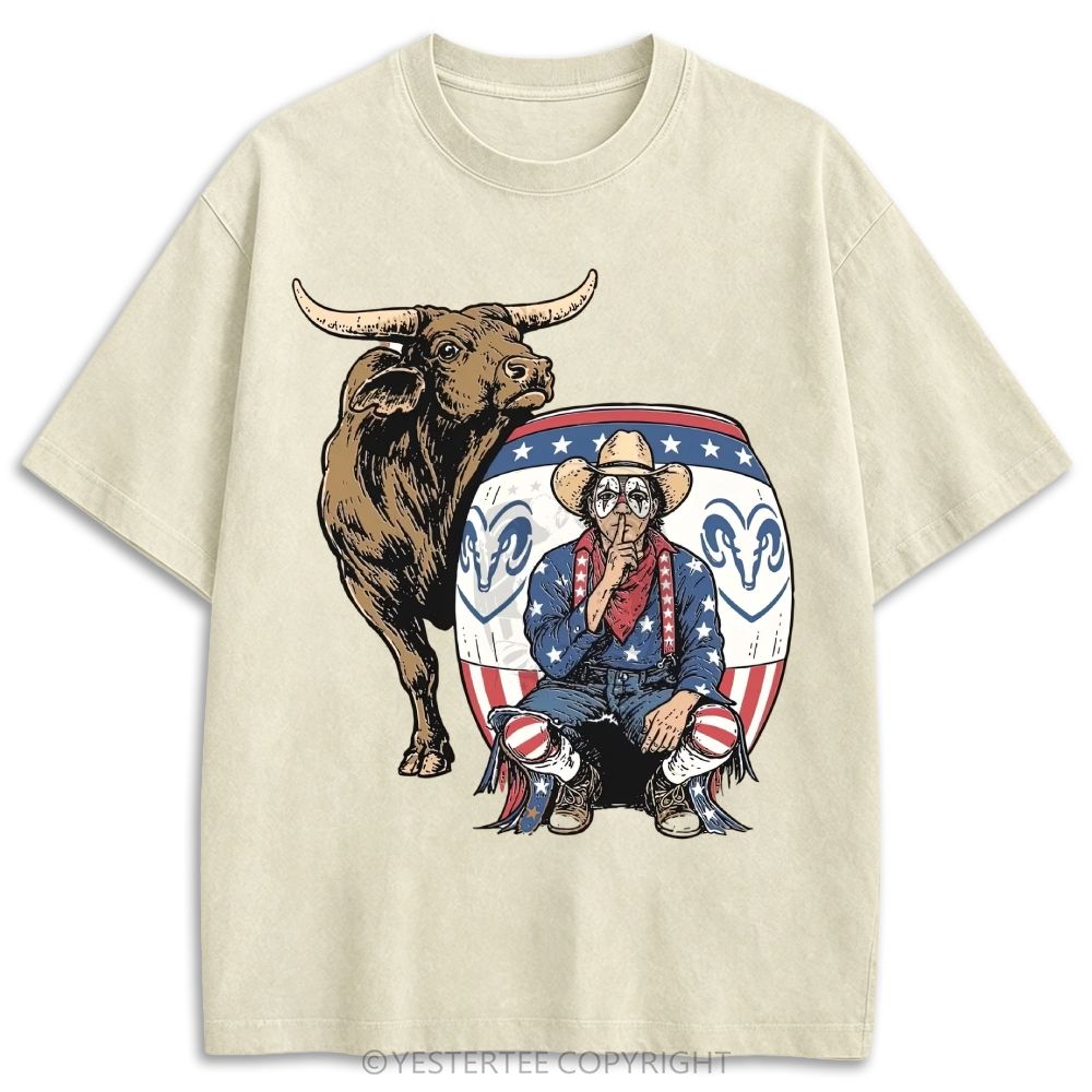 Patriotic Rodeo Bull Cowboy Western Retro Washed T-shirt