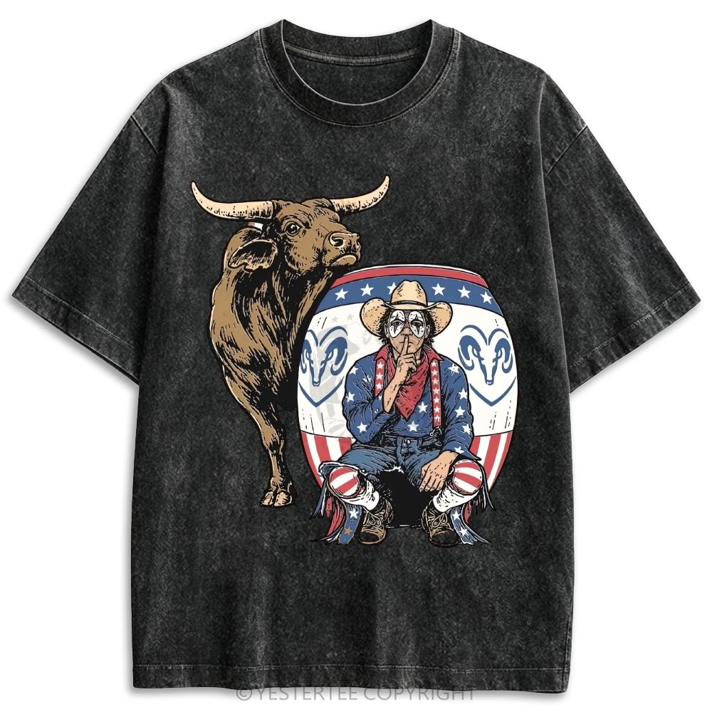 Patriotic Rodeo Bull Cowboy Western Retro Washed T-shirt